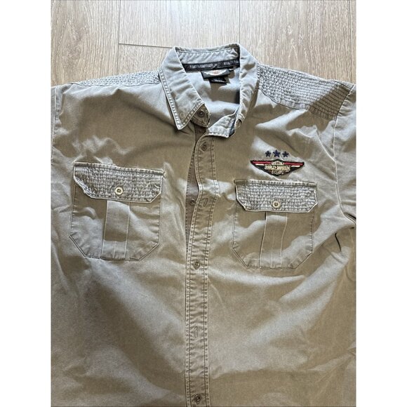 Mens Harley Davidson Gray Embroidered Patched Military Top Gun Button Shirt L - Picture 7 of 12